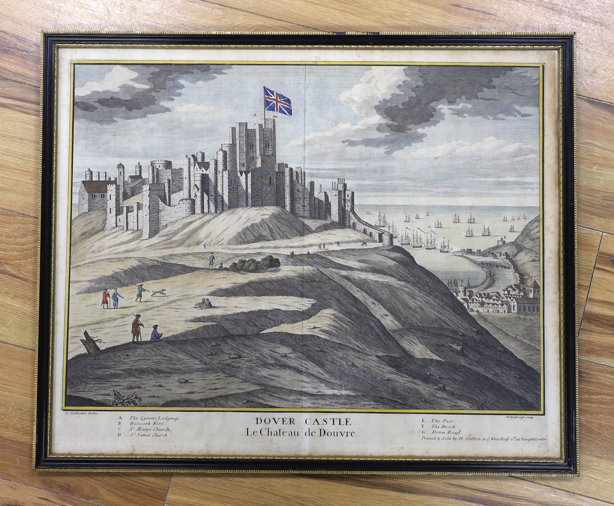 After Isaac Sailmaker (1633-1721), coloured engraving, Dover Castle, printed and sold by H. Overton, 50 x 62cm